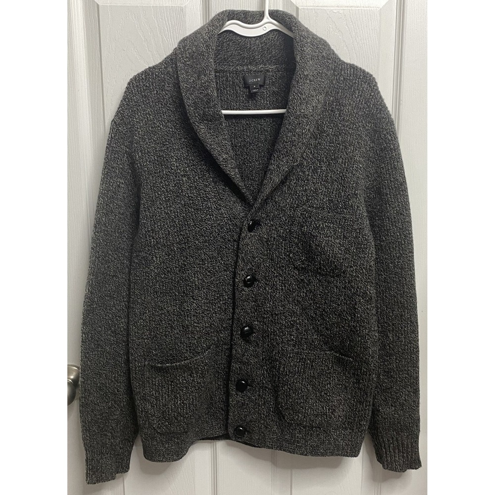 J CREW Men 100% Lambs Wool Cardigan Dark Gray Chunky Knit Shawl Collar Pockets S
